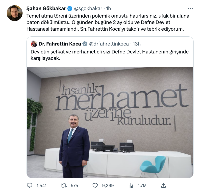 sahan gokbakar dan fahrettin koca ya tebrik ve tesekkur